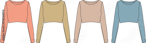 Collection of women's long sleeve crop tops in pastel colors. Fashion flat technical sketch vector template for clothing design and mockups