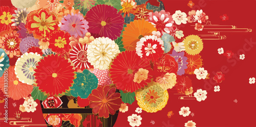 Vetor vibrante de arranjo floral japonês com flores coloridas em fundo vermelho festivo tradicional.