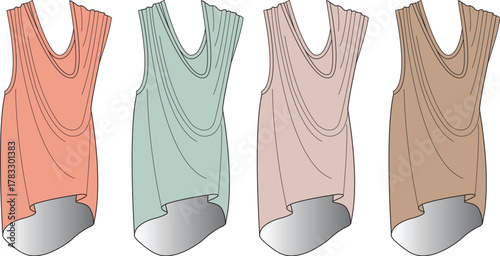 Four draped tops in different shades of peach, mint, dusty rose, and tan, showcasing fabric flow and design variations