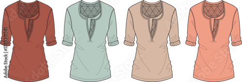 Four men's kurtas in different muted colors displayed side by side in a line