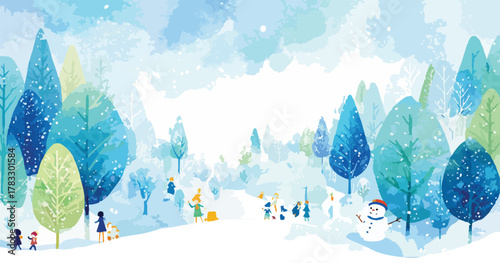 Cena de inverno com crianças brincando na neve, boneco de neve e árvores azuis em estilo aquarela.
