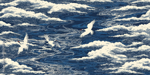 Vetor de garças brancas voando sobre um mar de nuvens azuis escuras em estilo tradicional japonês.