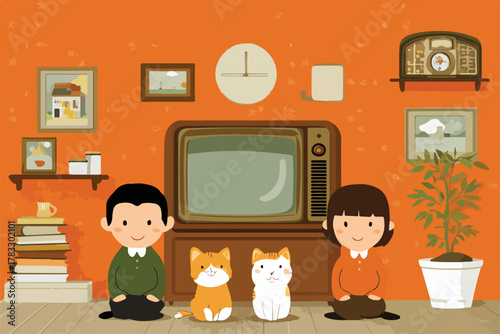 Casal japonês sentado no chão com dois gatos em sala de estar retrô com televisão antiga.