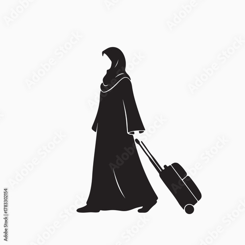 Arab woman with luggage traveling silhouette