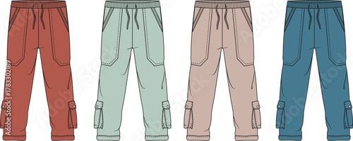 Stylish vector illustration of four casual cargo joggers in diverse earthy and cool tones, ideal for apparel design, fashion catalogs, and technical flat drawings