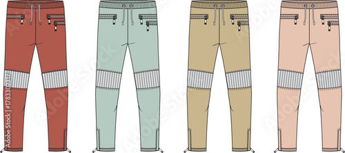 Diverse color options of casual trousers with zippered pockets and elasticated cuffs, presented as a flat fashion illustration