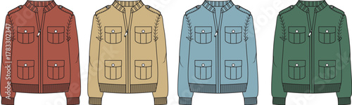 Collection of four stylish bomber jackets in various colors maroon, beige, blue, and green, featuring zippered pockets and a ribbed collar and cuffs