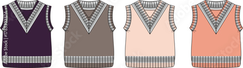 Collection of four sleeveless knitted sweaters in various muted colors purple, taupe, beige, and coral, showcasing a V-neck design with ribbed trim