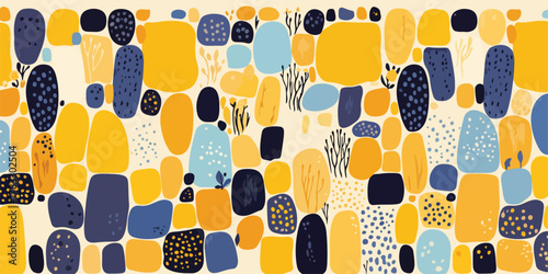 Padrão abstrato sem costura com formas orgânicas em amarelo, azul marinho e tons claros, arte moderna.