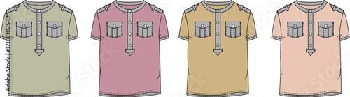 Collection of short-sleeve men's tunic shirts in various soft colors, with functional pockets and a relaxed fit, ideal for diverse fashion and clothing design projects