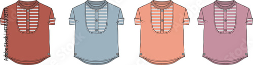 Four Colorful Men's Henley Shirts Illustration Various Styles and Shades for Fashion Design