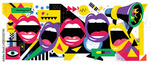 Vetor vibrante com bocas abertas, megafone e formas geométricas abstratas em estilo Memphis vibrante.