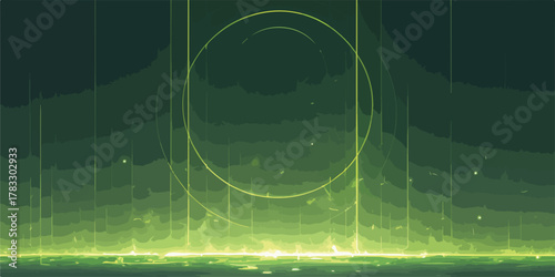 Fundo abstrato digital em tons de verde com formas geométricas circulares e linhas de luz luminosas.