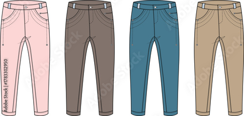 Four pairs of casual pants in different colors, presented in a flat design illustration