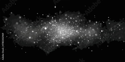 Vetor faixa de poeira estelar brilhante e nebulosa em fundo preto, inspiração galáxia.