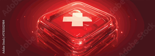 Vetor 3D de um emblema de primeiros socorros em cristal vermelho brilhante com fundo escuro.