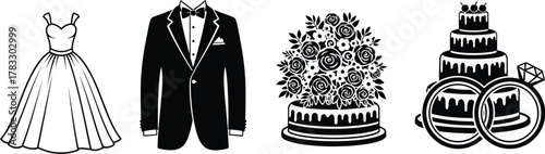 Wedding icons set dress, tuxedo, cake with flowers, and ring perfect for invitations, cards, and decorations
