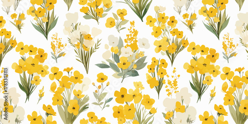 Vetor de padrão floral aquarela com buquês de flores amarelas e brancas em fundo claro.