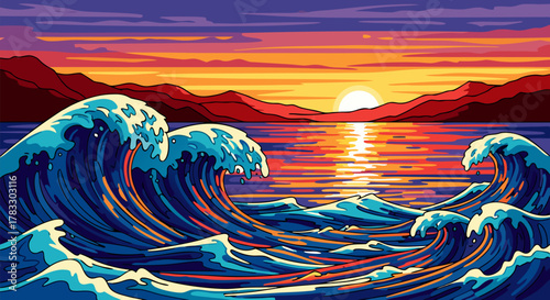 Pixel Art Sunset Over Rolling Ocean Waves with Vibrant Colors