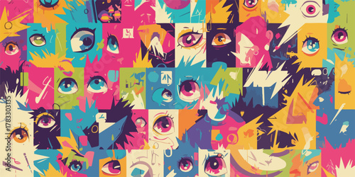 Mosaico vibrante de olhos de anime e mangá em estilo vetorizado pop art com cores intensas.