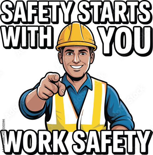 Cartoon Construction Safety Vector Poster with Smiling Worker in Yellow Hard Hat Pointing to Promote Personal Workplace Responsibility.