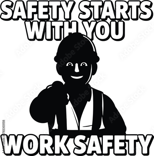 Safety Awareness Vector Poster Featuring Construction Worker Pointing with Hard Hat and Vest Emphasizing Personal Responsibility.