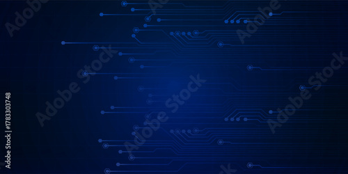 Abstract AI circuit board background. Technology connected blue lines with electronics elements on tech bg. Computer motherboard with a chip, processor, and semiconductor.