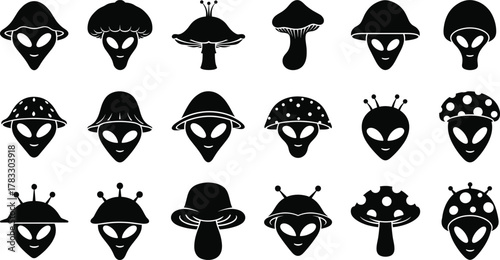 Alien mushroom silhouettes, hybrid creature icons, black and white vector, sci-fi fantasy design, surreal character set, imaginative concept illustration
