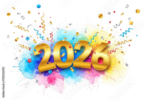 Golden 2026 numerals bursting with colorful abstract paint and confetti isolated on transparent background