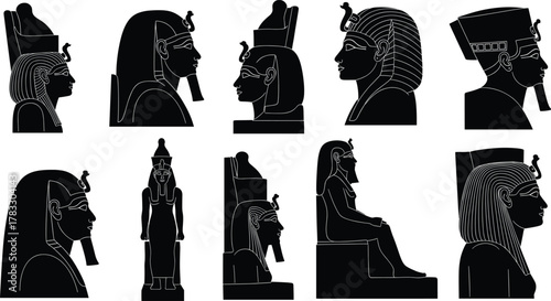 Ancient Egyptian statue silhouette set, black vector icons, pharaoh busts, cultural symbols, mythology figures, historical design, sacred art, flat illustration