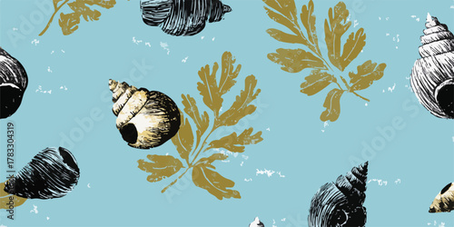 Padrão vetorial contínuo e elegante com conchas marinhas e elementos botânicos aquáticos, perfeito para designs de verão e praia.