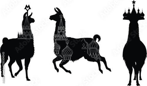 Architectural llama silhouette vector, surreal animal design, Russian dome fusion, black and white artwork, creative illustration, cultural concept, stylized clipart