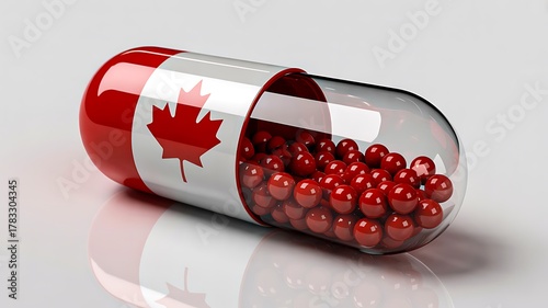 Medicine capsule with canadian flag design representing healthcare and pharmaceutical concept in canada
