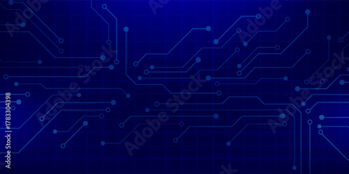 Abstract AI circuit board background. Technology connected blue lines with electronics elements on tech bg. Computer motherboard with a chip, processor, and semiconductor.