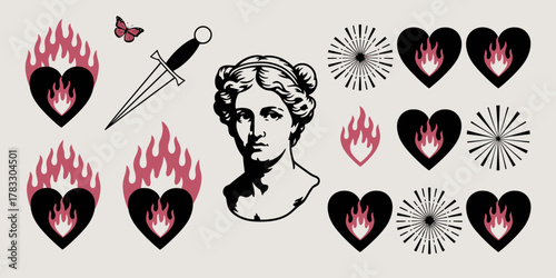 Trendy gothic style sticker set with fire flames, hearts, butterflies, and plaster head vector illustrations in Y2K tattoo aesthetic, perfect for design, fashion, and digital art.