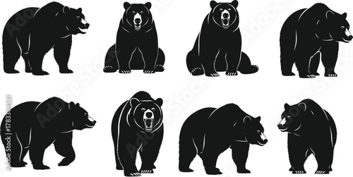 Bear silhouette vector set, black and white animal illustrations, walking, sitting, roaring poses, stylized fur detail, wildlife clipart, nature design