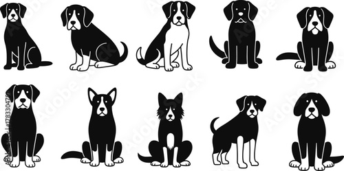 Black and white dog illustrations, cartoon pet drawings, stylized puppy vector set, cute canine characters, isolated animal clipart, playful dog poses