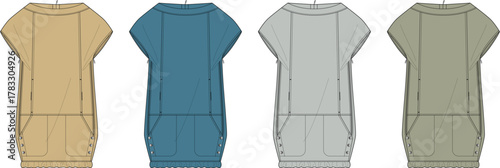 Fashion technical flat sketches of women's comfortable sleeveless dresses or tunics in a varied color palette, ideal for apparel design and collection development