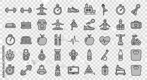 ai generative A sporty vector icon sheet with 50 fitness and healthy lifestyle icons.