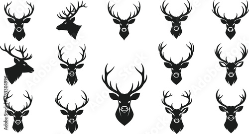Deer head silhouette vector set, black antler icons, front and side profiles, wildlife clipart, hunting design, nature illustration, animal artwork