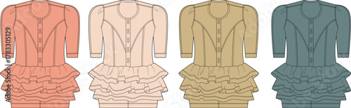 Fashionable dresses with ruffled skirts and buttoned fronts in four distinct color options, showcased in a clean, vector illustration style
