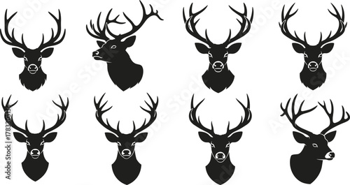 Deer head silhouette vector set, black antler icons, front and side profiles, wildlife clipart, hunting design, nature illustration, animal graphic artwork