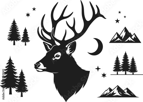Deer head silhouette vector, antler forest scene, mountain and moon artwork, wildlife clipart, nature illustration, outdoor adventure design, rustic graphic