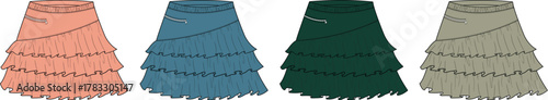 Fashion illustration of a versatile collection of women's tiered ruffled skirts, presented in multiple colors suitable for modern casual and elegant seasonal wardrobes