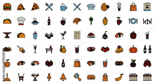 ai generative A flat vector icon sheet with 60 food, drink, and restaurant icons