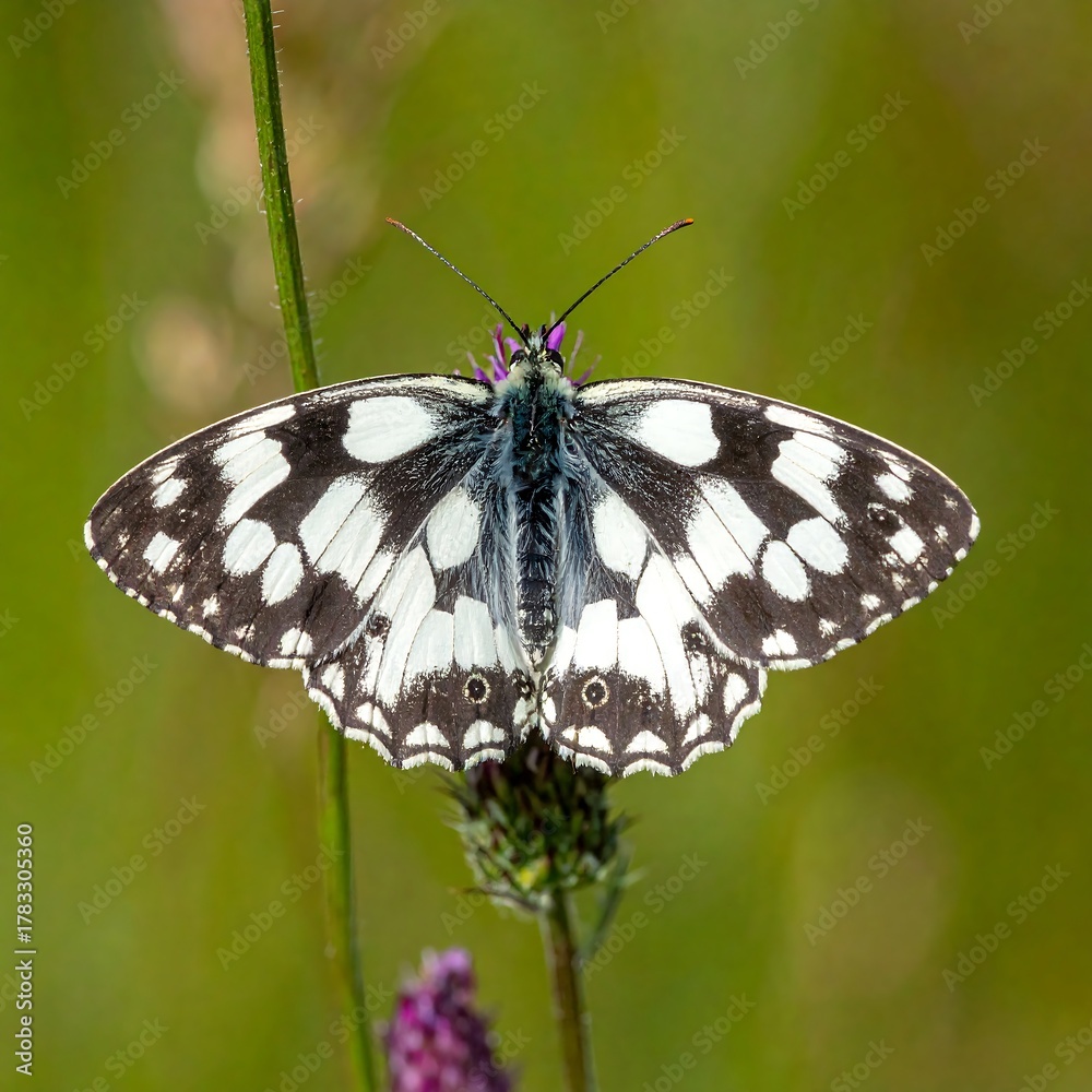 Naklejka premium A butterfly with striking black and white patterns, wings fully spread, perches atop a small, purple flower with green background