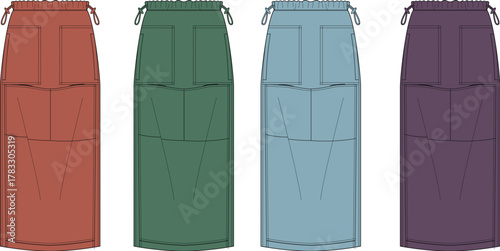 Fashion apparel design Various colored aprons with pockets, clothing illustration, garment template