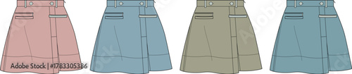 Set of four skirts in different pastel colors - pink, blue, beige, and light blue, presented side-by-side in a flat illustration style