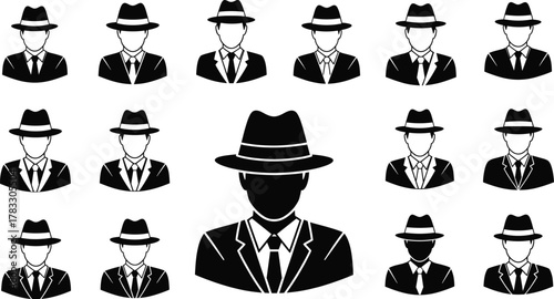 Fedora hat silhouette set, suited male figures, black vector icons, formal fashion, leadership concept, vintage style, symmetry design, flat illustration