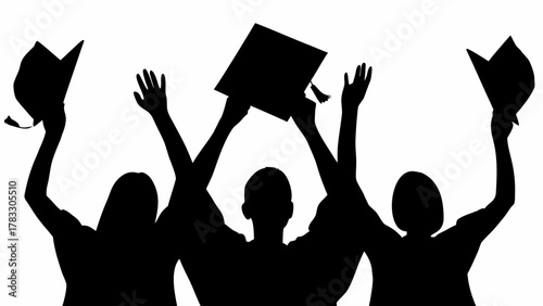 Excited graduates celebrating academic success by raising mortarboards and cheering, marking a significant milestone with joy and anticipation for the future
